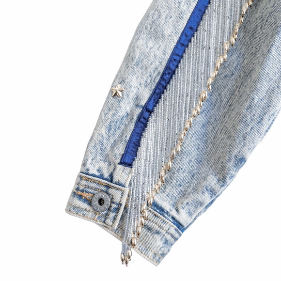 DAKOTA BLUE Vintage 80's Studded Beaded Fringe Cropped Light Wash Denim Jacket - Picture 8 of 14